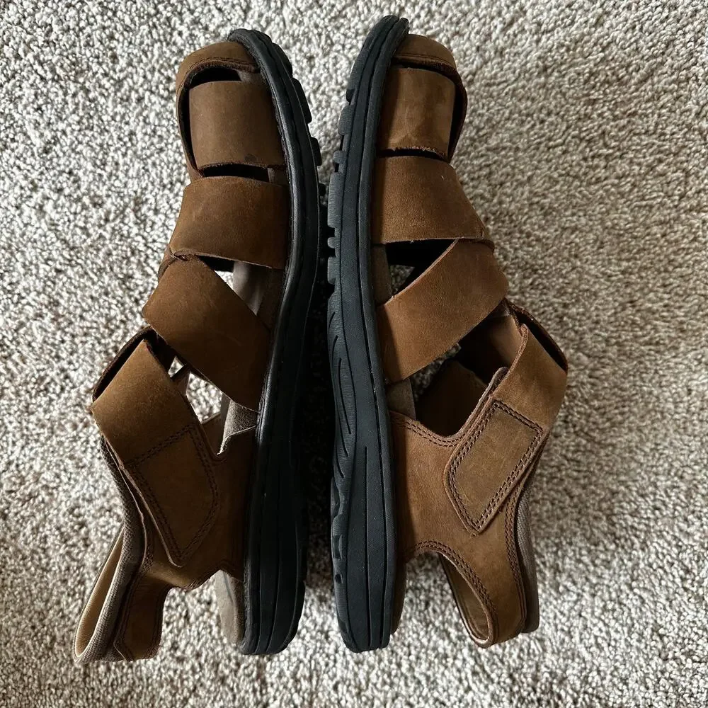 Abeo Brandon Neutral Leather Fisherman Sandals Leather Brown Mens 10 Bio Systems